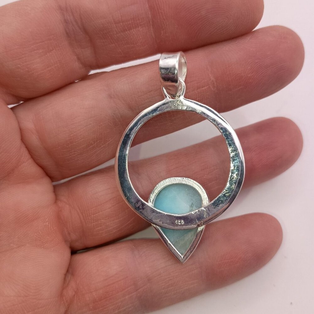 Blue Larimar Dolphin Stone Sterling Silver Pendant Circle Raindrop Teardrop - Picture 3 of 5